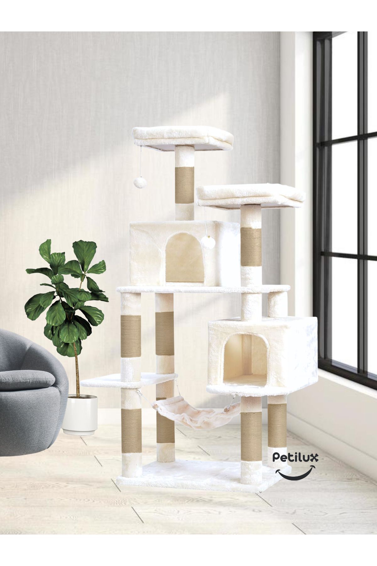 Petilux-Double Slot Luxury Large Size Scratching Cat Play House with Hammock Cat Scratching 2
