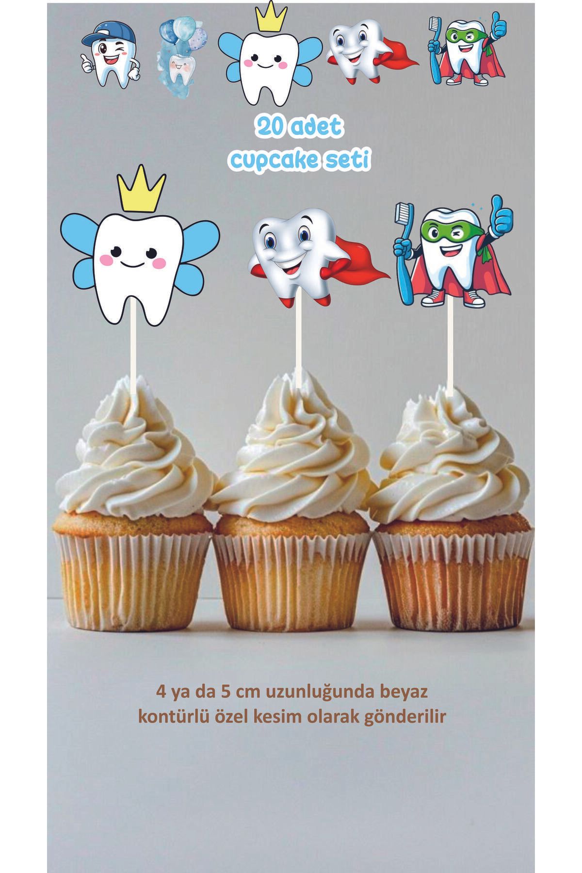 Tasarım İlk Dişim Erkek Çocuk Cupcake Doğum Günü Pasta Süsü 20 adet