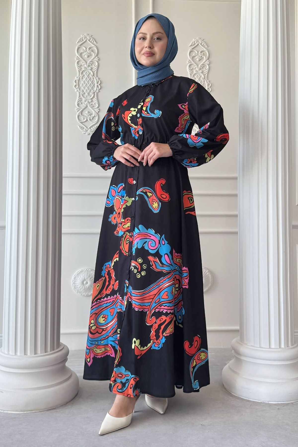 InStyle Soyut Geçişli Büzgülü Siyah Gömlek Elbise