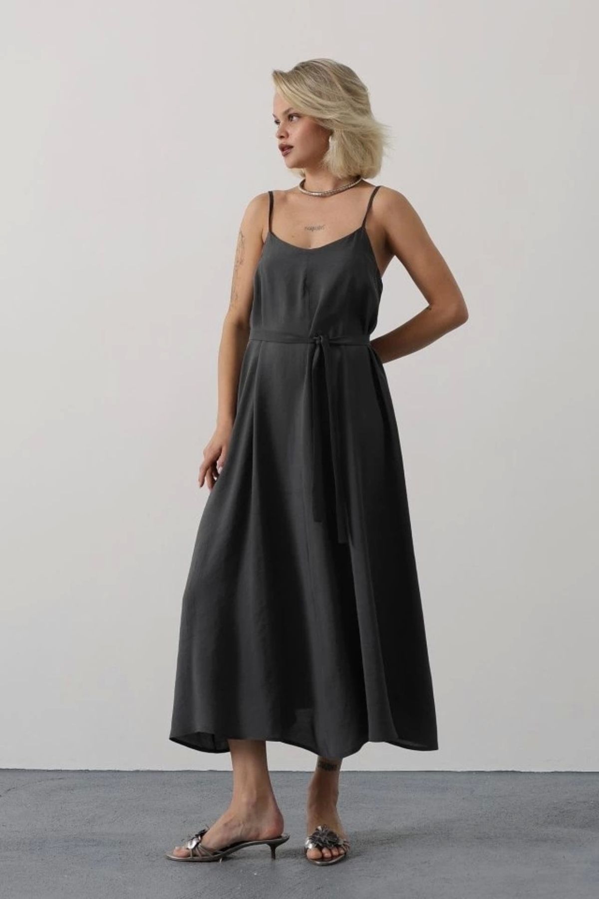 Butik Askılı Basic Uzun Elbise - Açık Antrasit