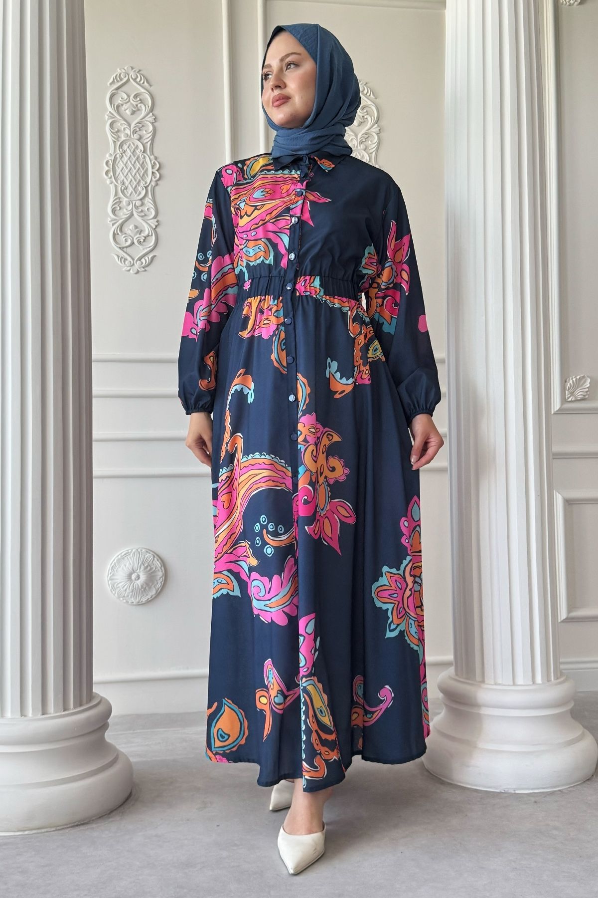 InStyle Soyut Geçişli Büzgülü Lacivert Gömlek Elbise