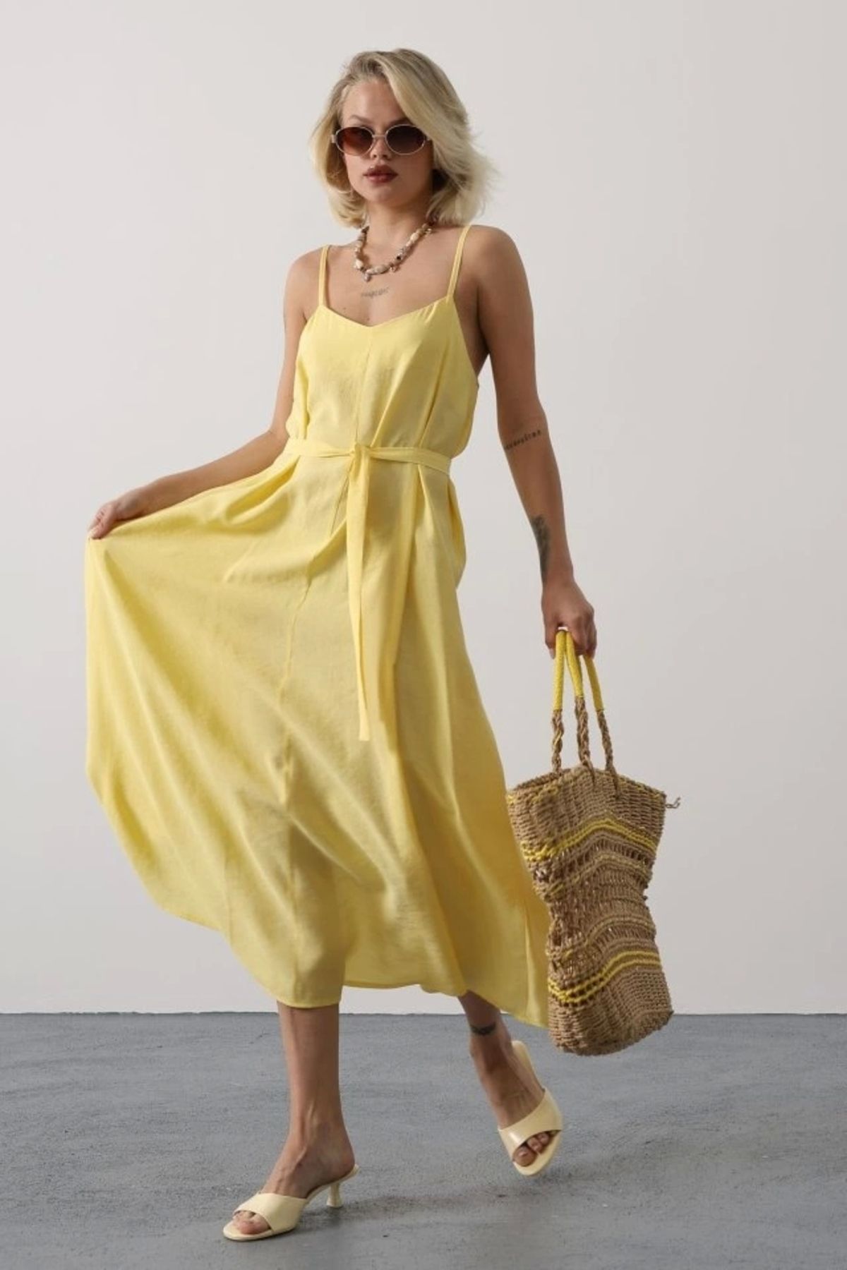 Butik Askılı Basic Uzun Elbise - Sarı