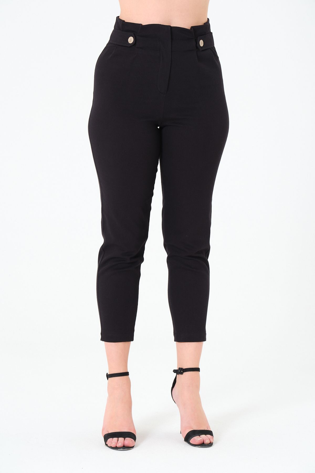 Sortie Collection Kadın Yüksek Bel, Pileli, Dar Paça, Siyah Gabardin Pantolon