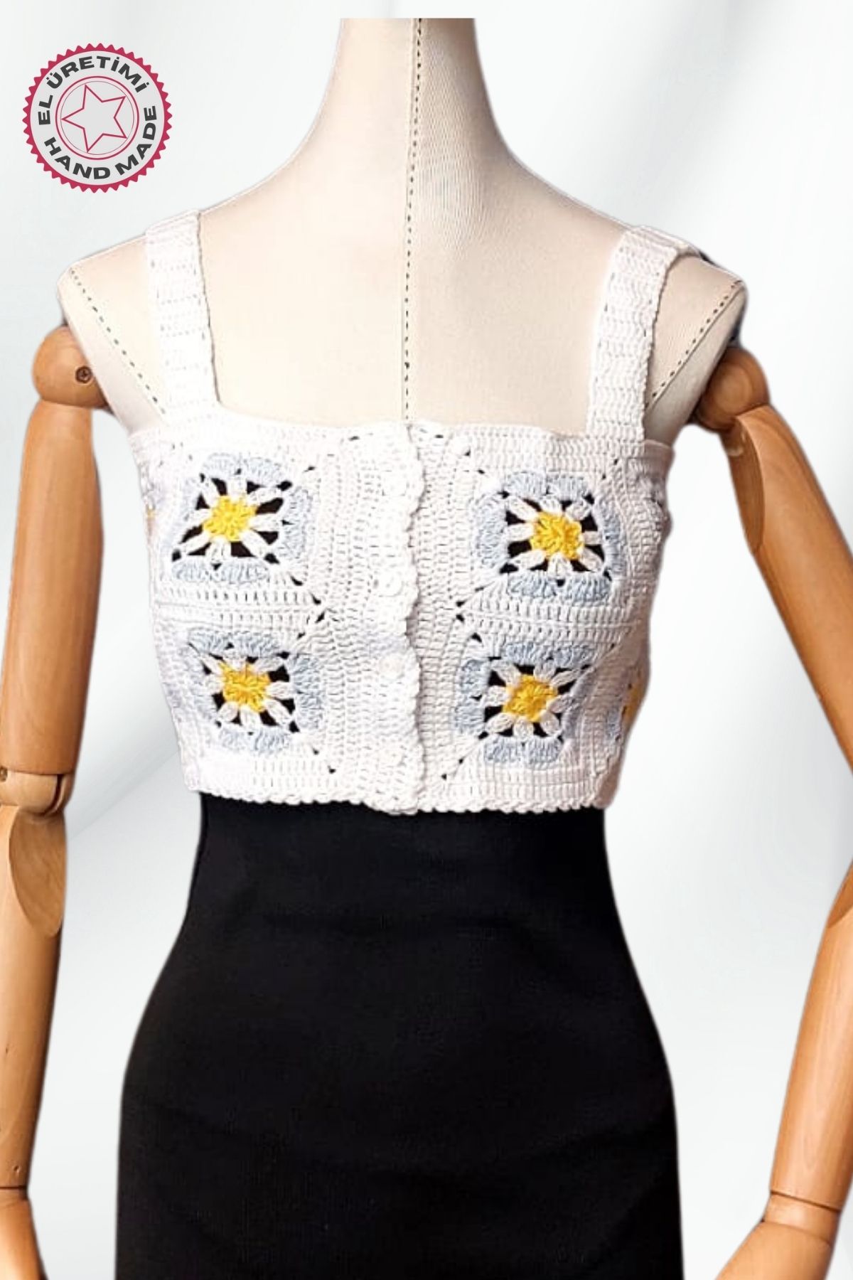 Uretti - Yıldız 7202 3650 El Örgüsü Yazlık Beyaz Kadın Büstiyer / Crop Bluz - 36/38/40 - Açık Mavi