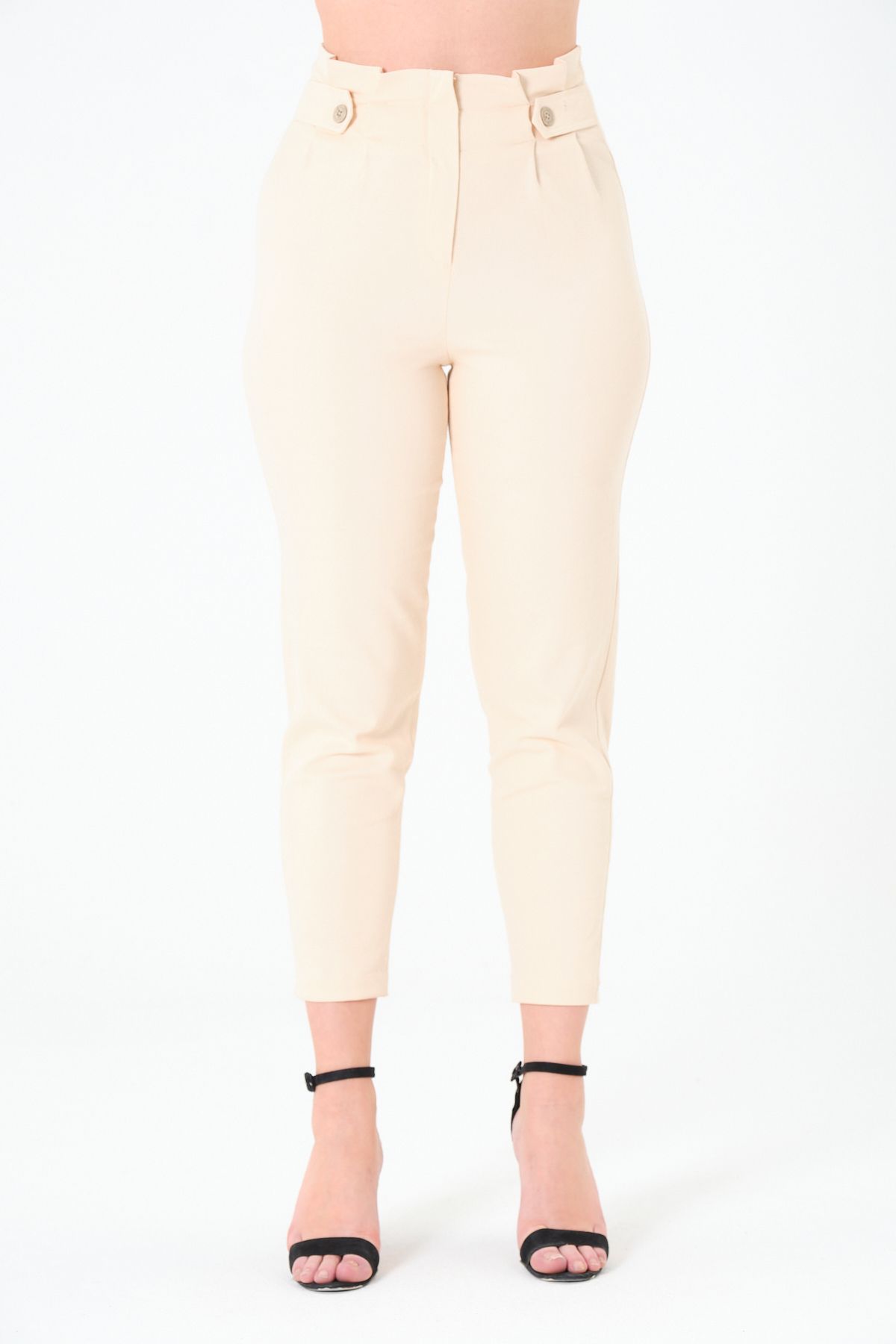 Sortie Collection Kadın Yüksek Bel, Pileli, Dar Paça, Açık Bej Gabardin Pantolon