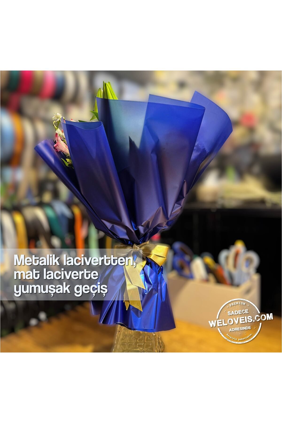 weloveis Metalik Degrade Mat Lacivert Çiçek Buket Kağıdı-60x60cm-20 Sayfa