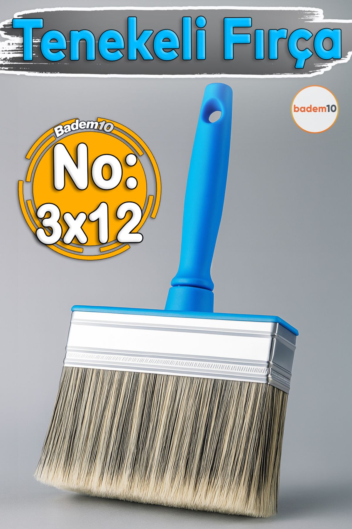 Badem10 3×12 Solvente Dayanıklı Tenekeli Fırça Kıl Dökmez Boya Badana Plastik Saplı Tavan Kıl İç Dış Cephe