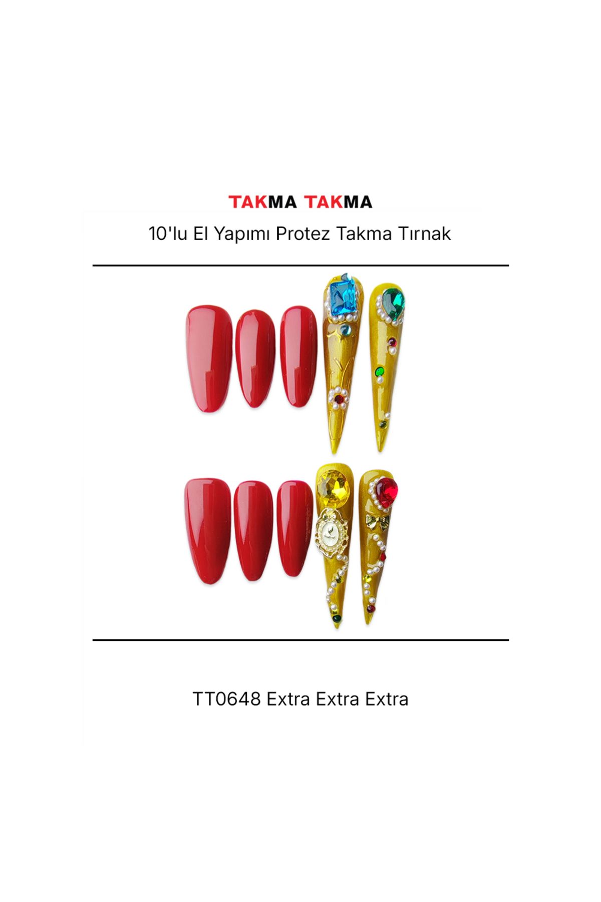 Takma Takma Tekrar Kullanılabilir El Yapımı Protez Takma Tırnak TT0648 - Eos Şafağı - 10'lu M-Renkli-Mavi