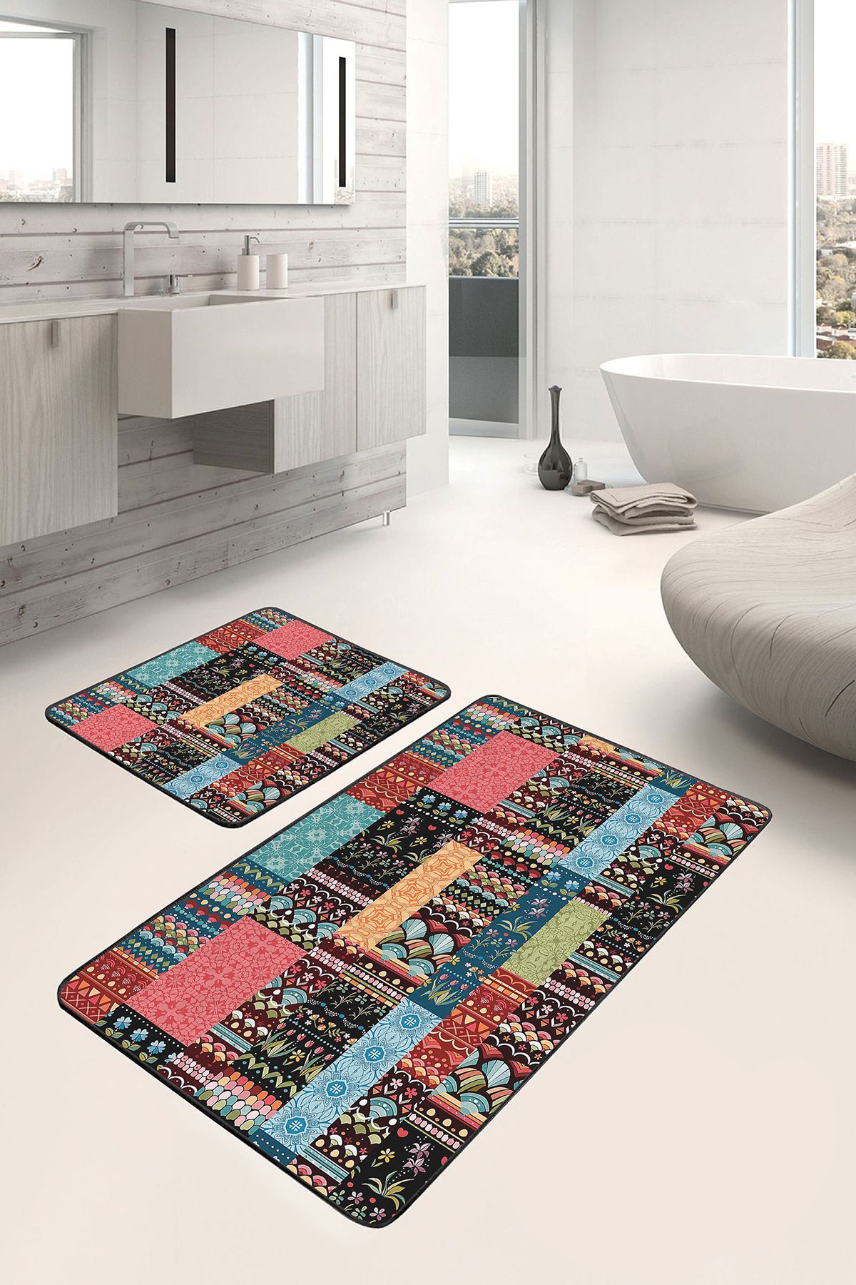 Realhomes 2'li Set Rengarenk Zeminde Patchwork Motifli Kilim Desenli Vintage Klasik 2'li Banyo Paspas Takımı