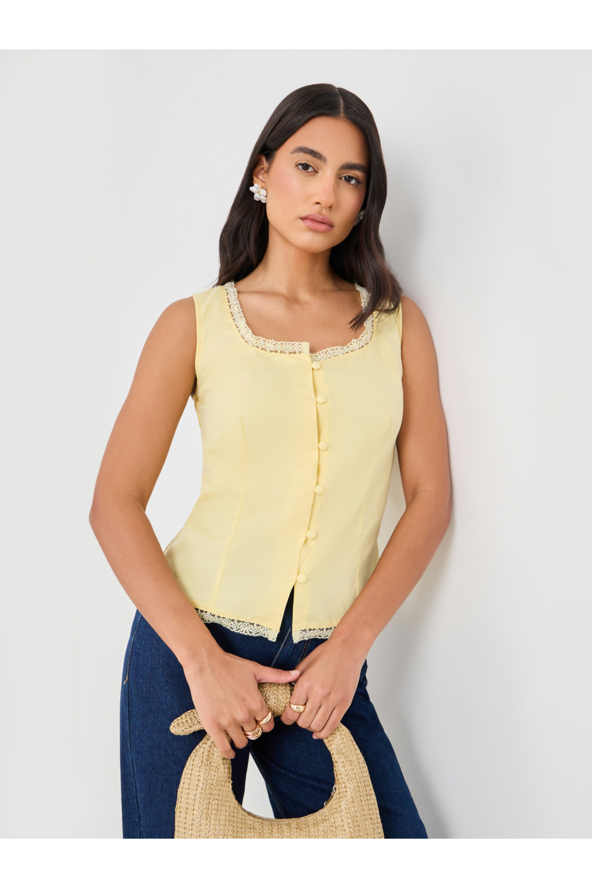 Styli Lace Trim Square Neck Buttoned Top