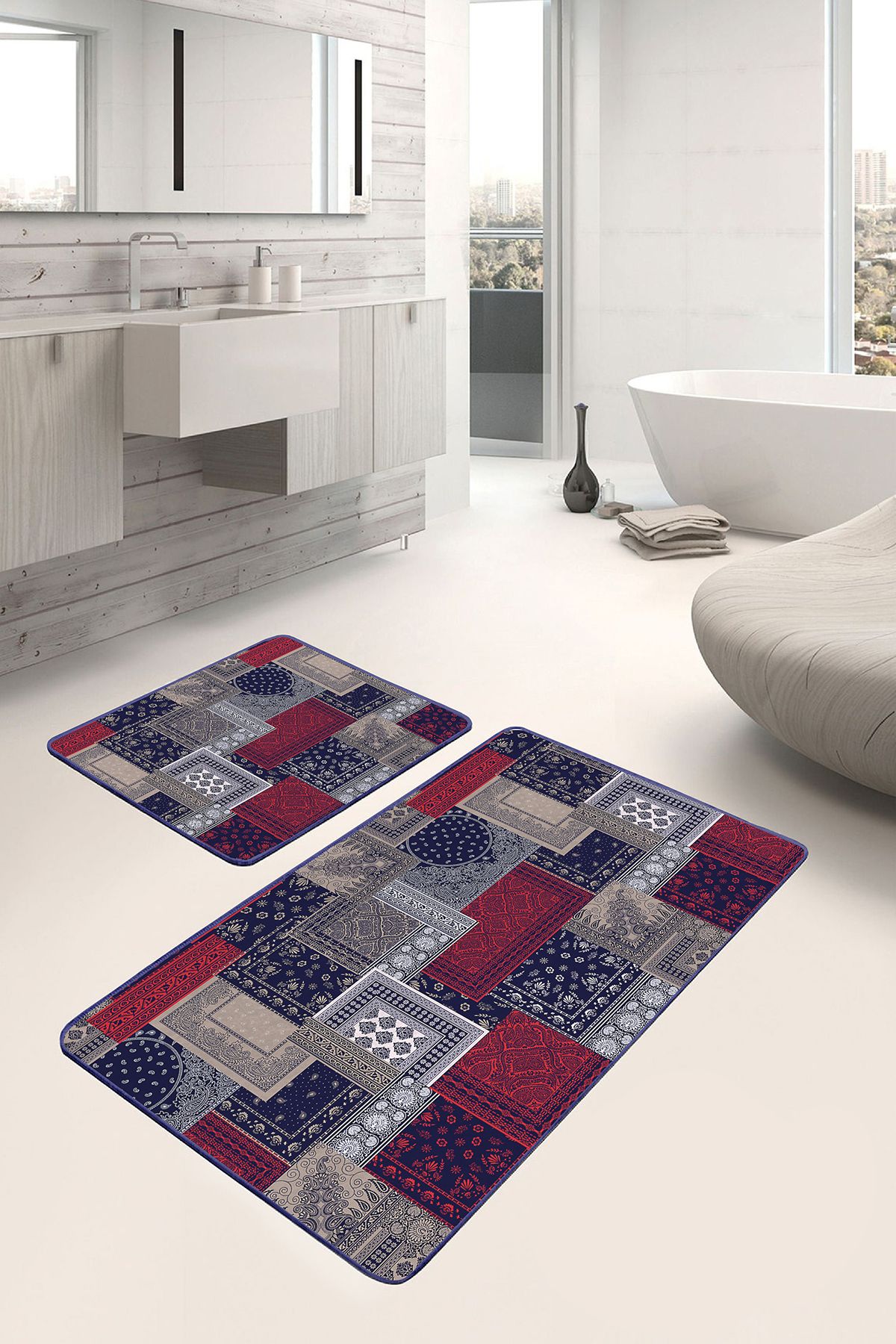 Realhomes Lacivert - Kırmızı Zeminde Patchwork Motifli Kilim Klasik Vintage 2'li Banyo & Mutfak Paspas Takımı