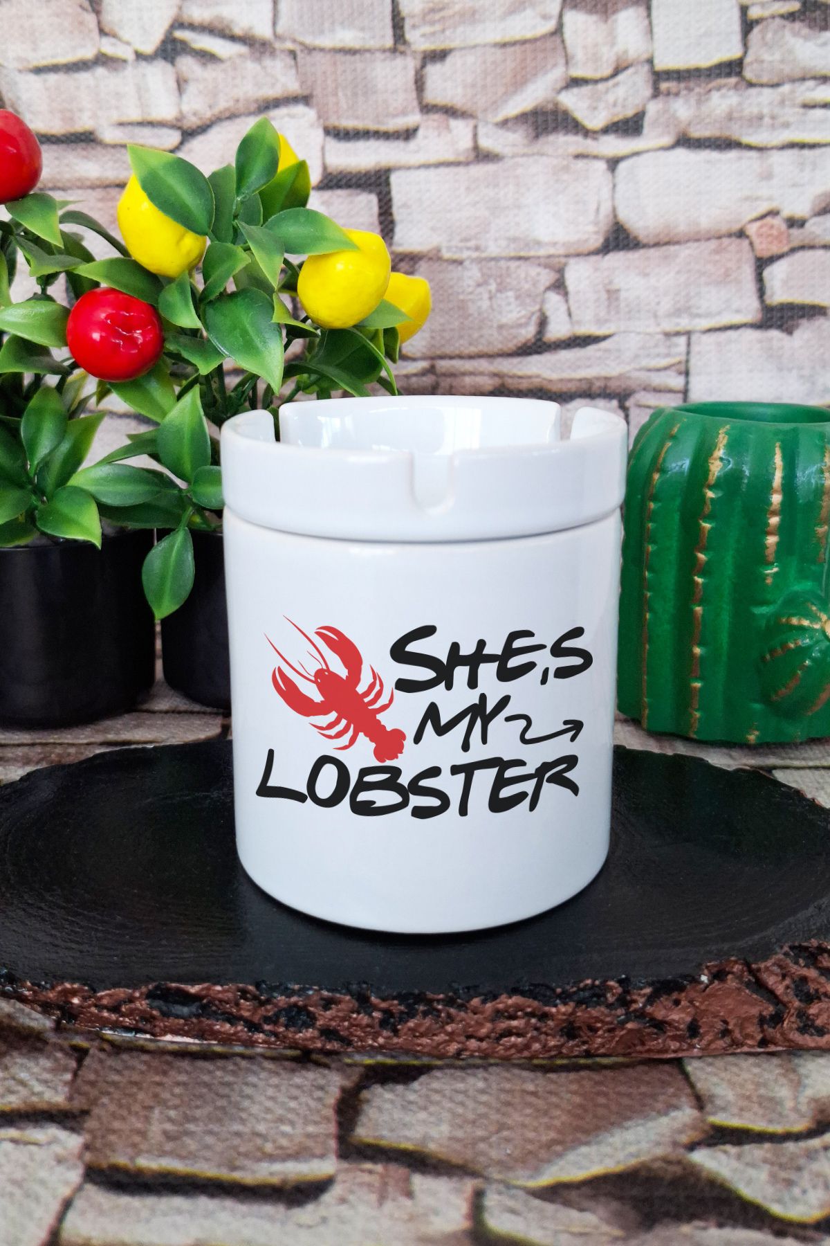 qoeuyl boutique She's My Lobster Friends Baskılı Seramik Kapaklı Kokusuz Küllük