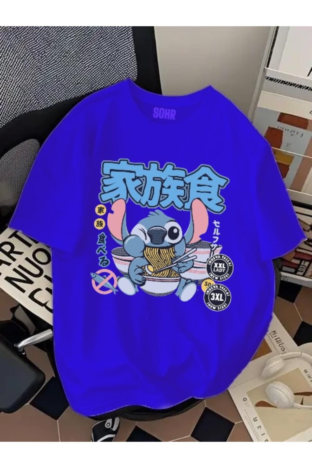 SOHR Unisex Erkek/Kadın Stitch Ramen Renkli Baskılı Oversize Pamuklu T-Shirt