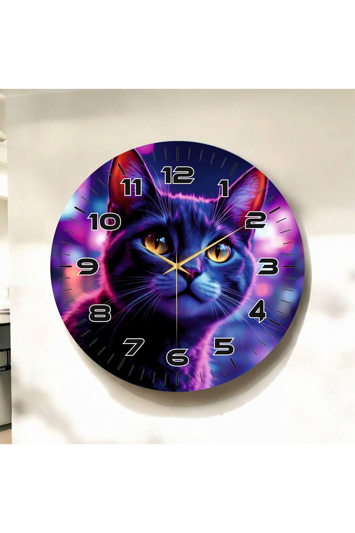 AA Shop Kedi Hayvanlı Renkli Baskı Desenli Sayılı Hediyelik Ahşap Sessiz Duvar Saati 50cm