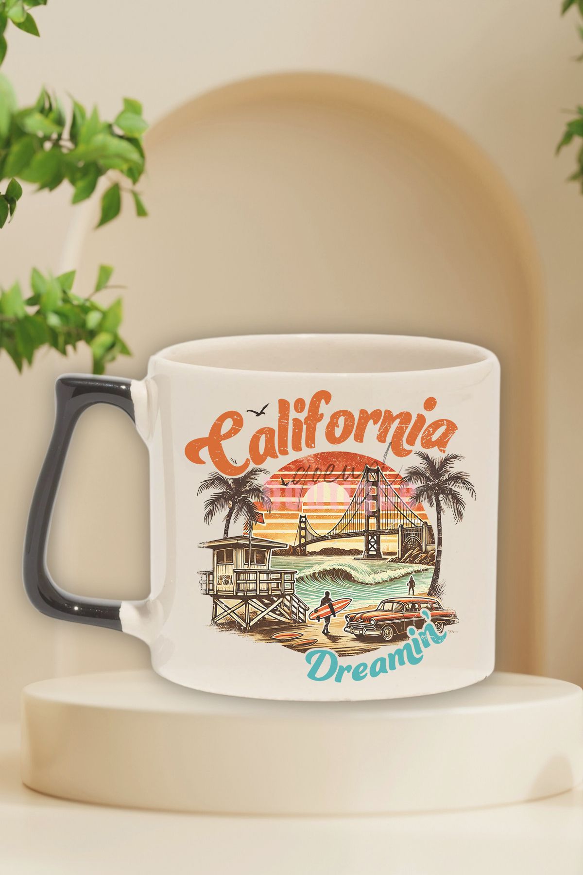 qoeuyl boutique California Summer Trip Baskılı Yaz Tatili Gezisi Teması Hediyelik Kulplu Kupa Bardak