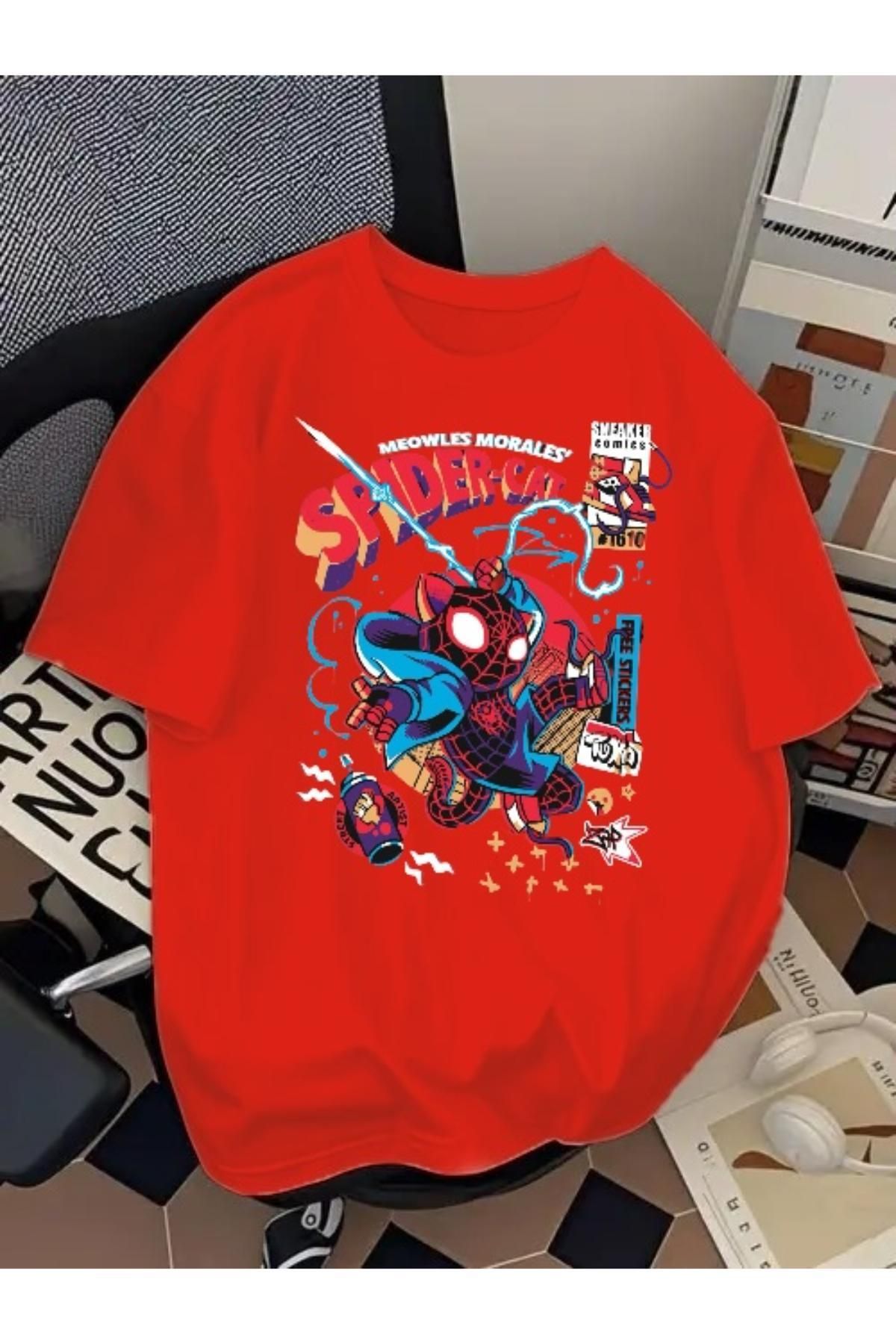 SOHR Unisex Erkek/Kadın Spider Cat Renkli Baskılı Oversize Pamuklu T-Shirt