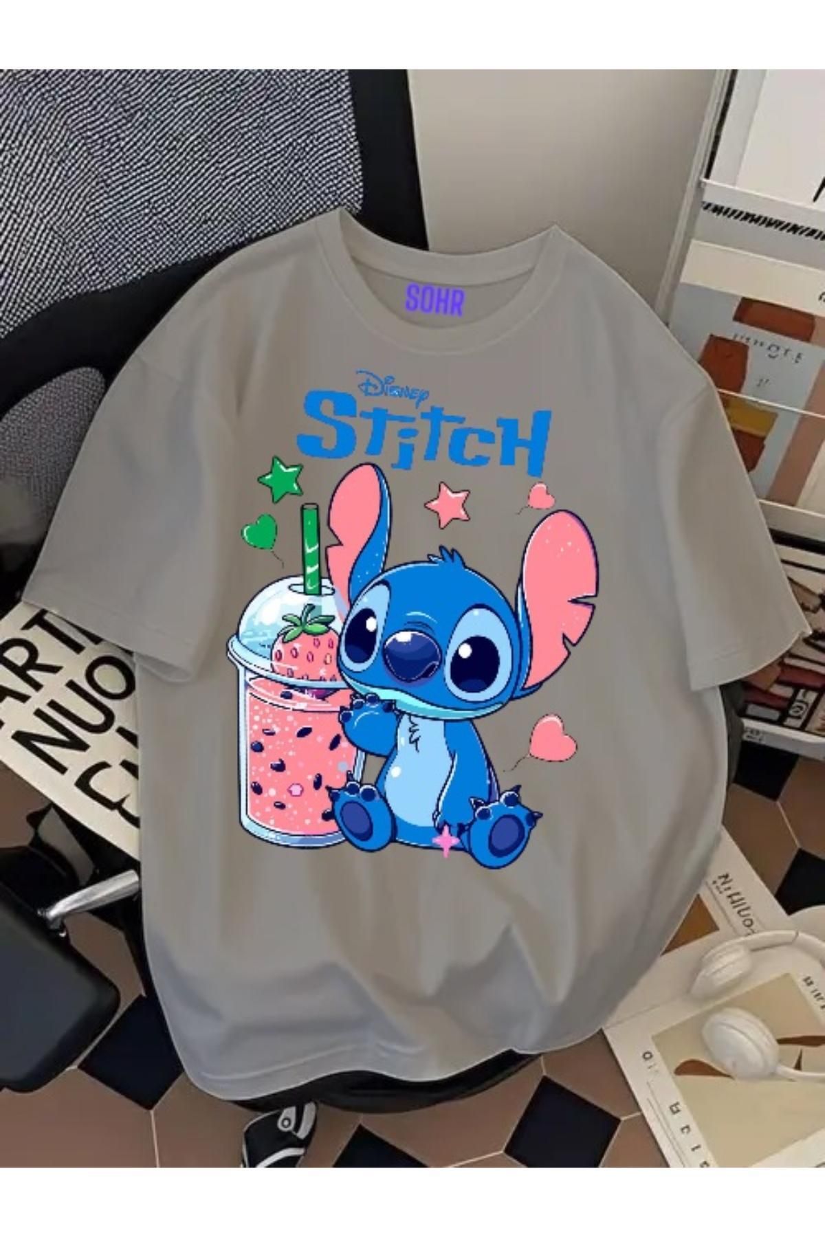 SOHR Unisex Erkek/Kadın Stitch Renkli Baskılı Oversize Pamuklu T-Shirt