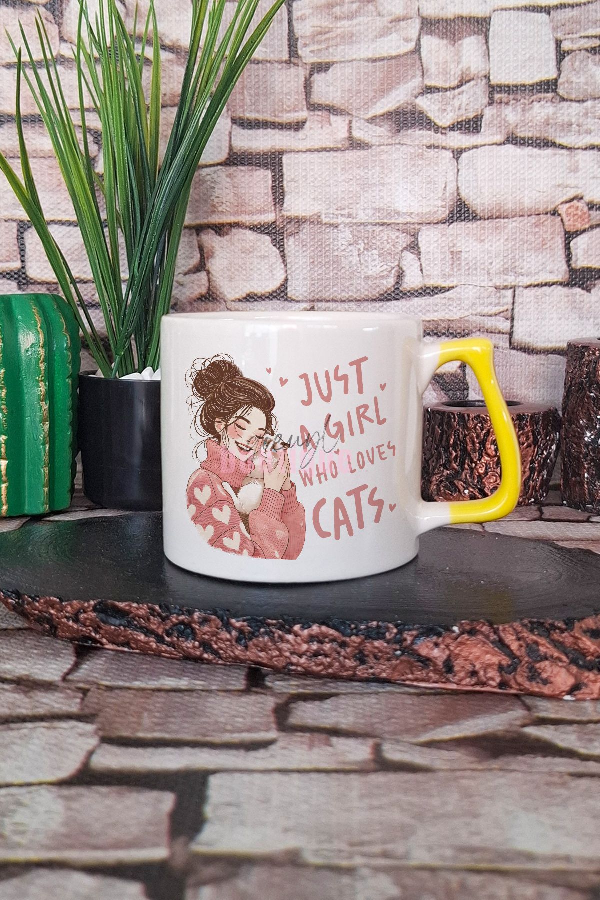 qoeuyl boutique Just A Girl Who Loves Cats Temalı Kedi Aşığı Kız Hediyelik Kulplu Kupa Bardak