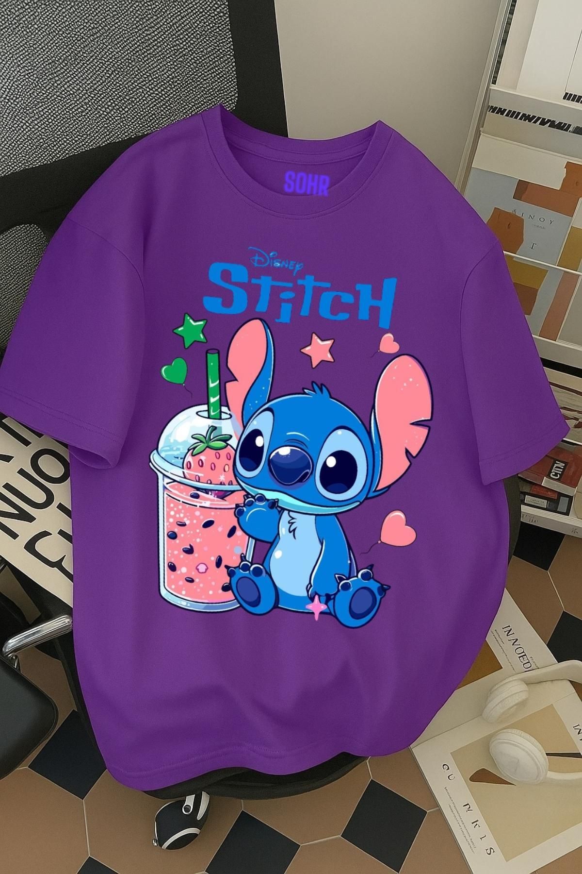 SOHR Unisex Erkek/Kadın Stitch Renkli Baskılı Oversize Pamuklu T-Shirt