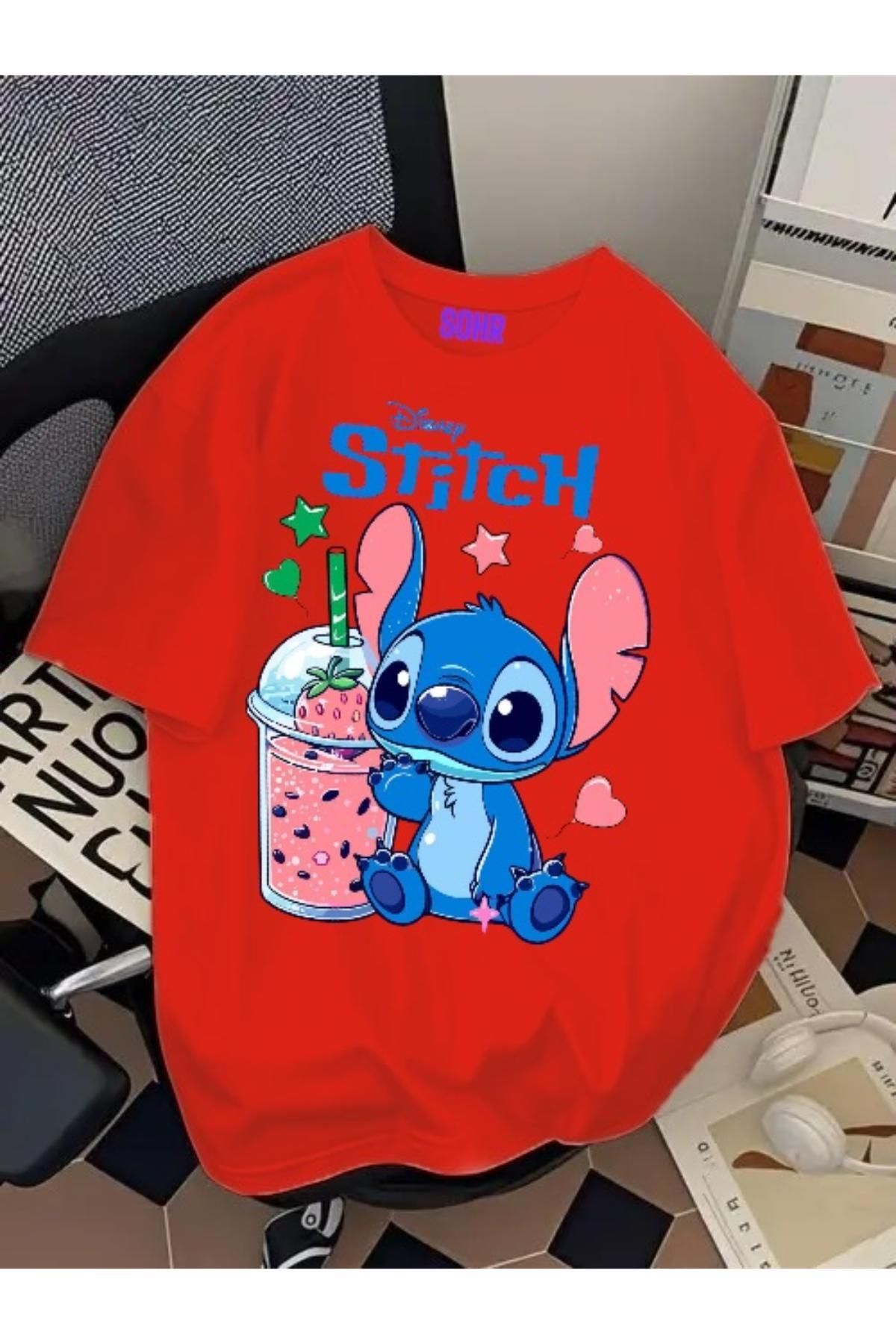 SOHR Unisex Erkek/Kadın Stitch Renkli Baskılı Oversize Pamuklu T-Shirt