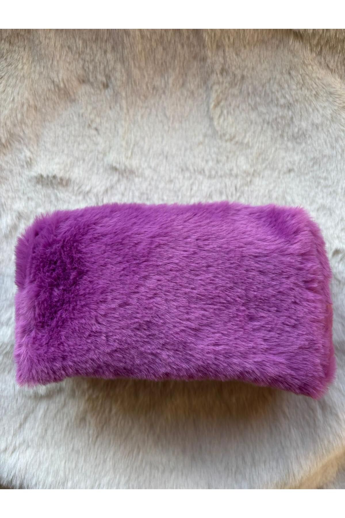 AyKoş aksesuar MOR DÜZ RENK PUFF PELUŞ KÜRK BÜYÜK BOY MAKYAJ ÇANTASI (KALEMLİK OLARAK DA KULLANILABİLİR)