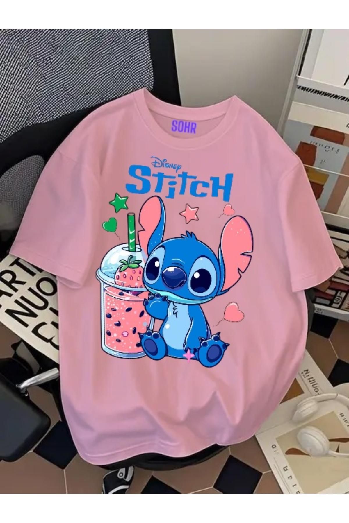 SOHR Unisex Erkek/Kadın Stitch Renkli Baskılı Oversize Pamuklu T-Shirt