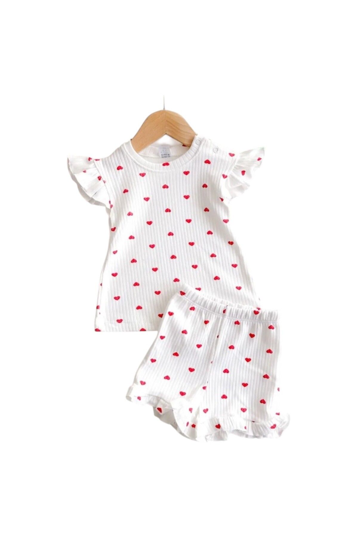 BYS BABY FASHION Kırmızı Küçük Kalpler Omuzdan Çıtçıtlı Yazlık 2 Parça Takım