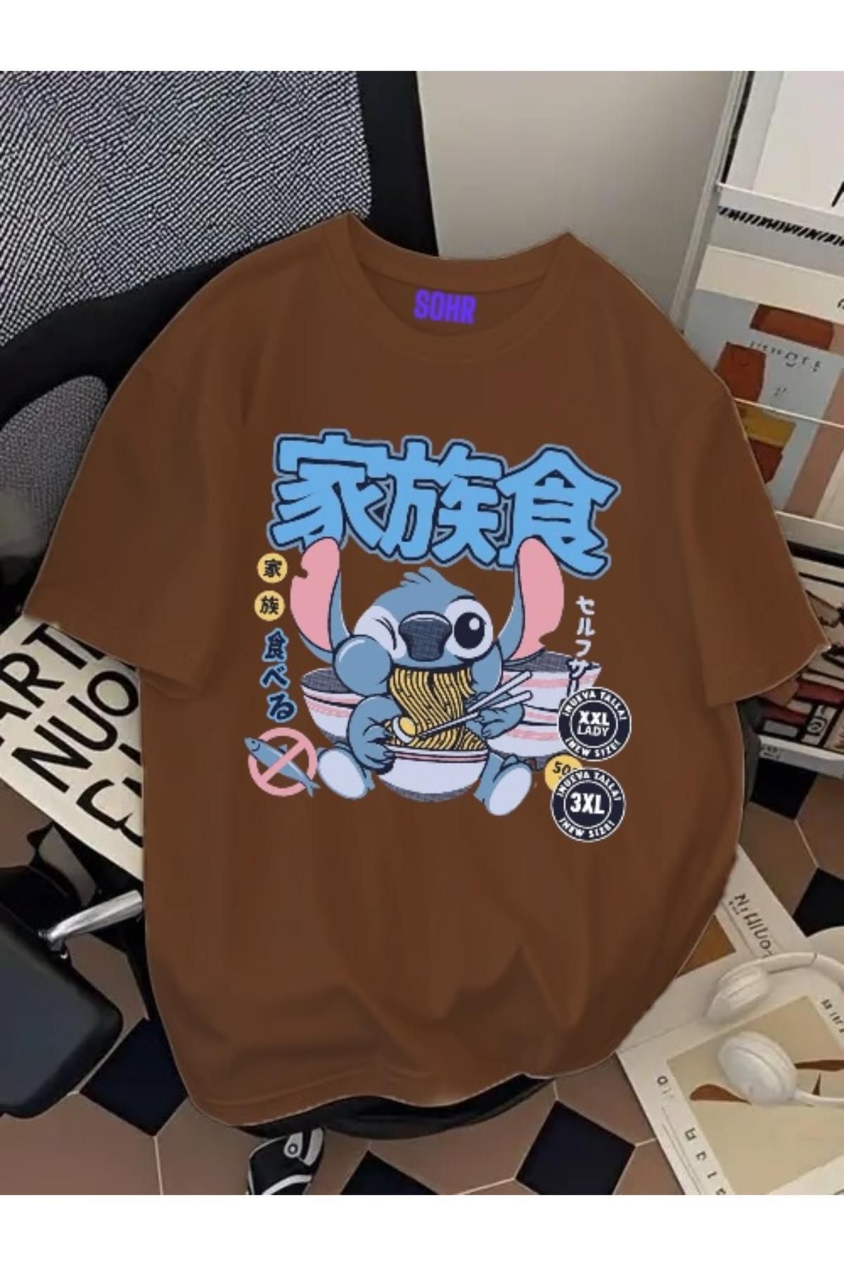 SOHR Unisex Erkek/Kadın Stitch Ramen Renkli Baskılı Oversize Pamuklu T-Shirt