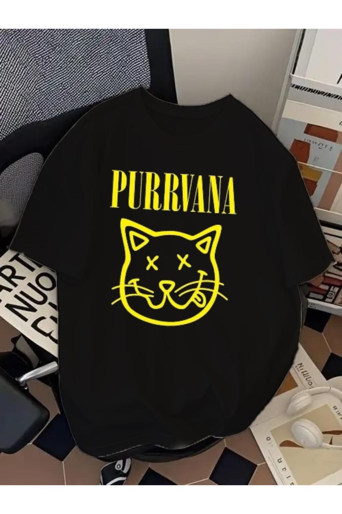 SOHR Unisex Erkek/Kadın Purrvana Kedi Renkli Baskılı Oversize Pamuklu T-Shirt