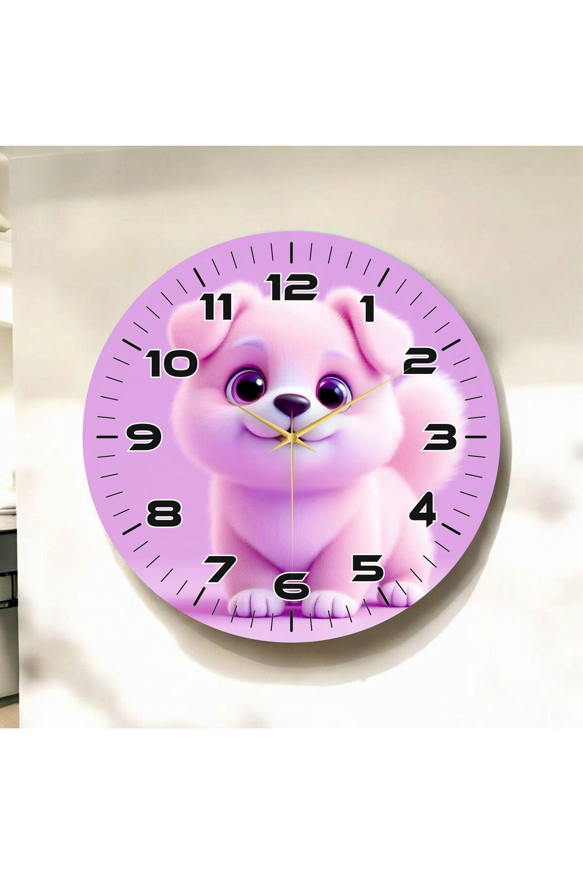 AA Shop Yavru Köpek Pembe Renkli Baskı Hayvan Desenli Sayılı Hediyelik Ahşap Sessiz Duvar Saati 50cm