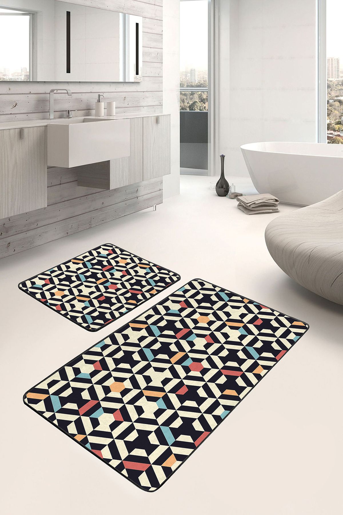 Realhomes Krem Kırmızı Zeminde Geometrik Motifli Art Deco Geometrik Sade Şık 2'li Banyo Mutfak Paspas Takımı