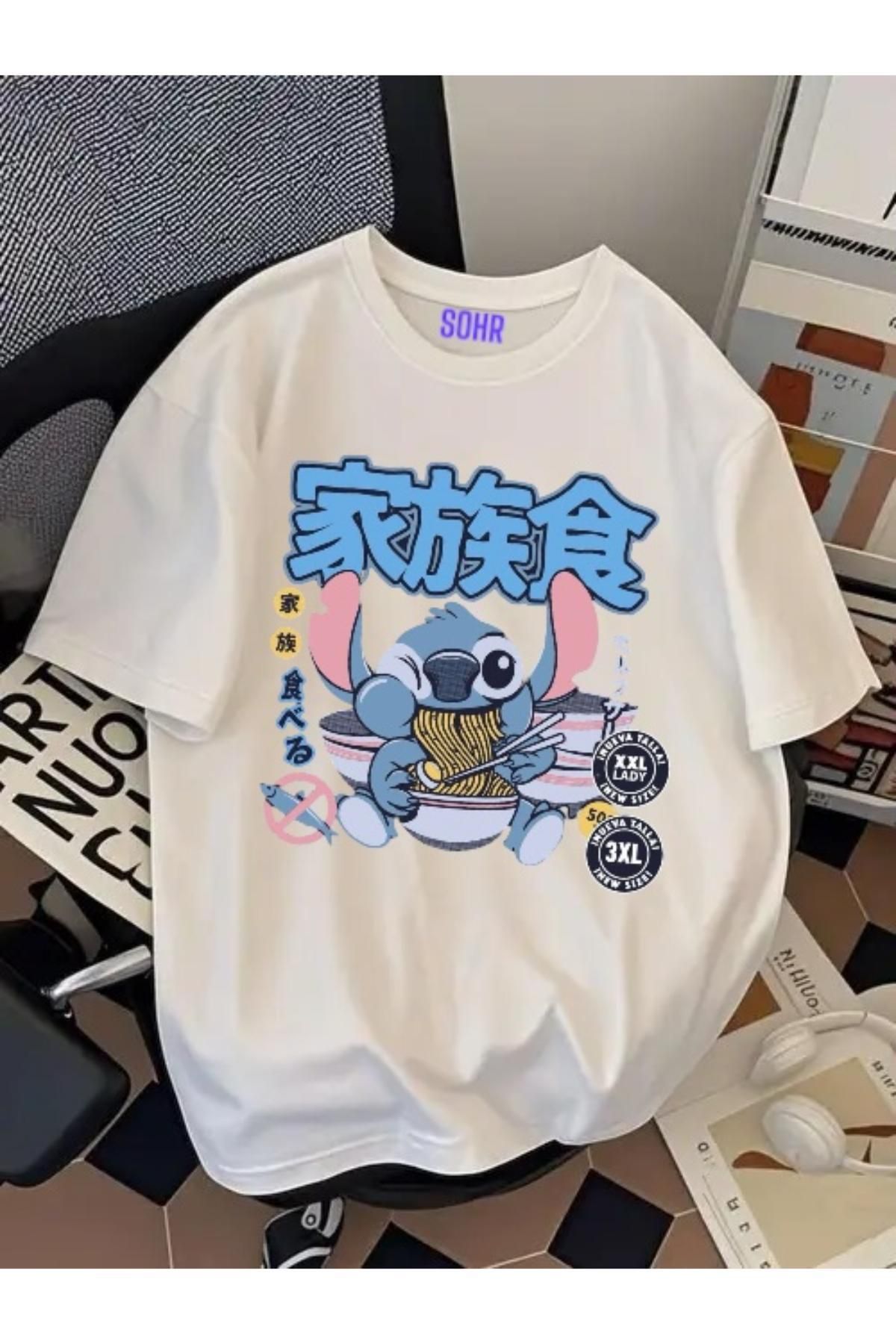 SOHR Unisex Erkek/Kadın Stitch Ramen Renkli Baskılı Oversize Pamuklu T-Shirt