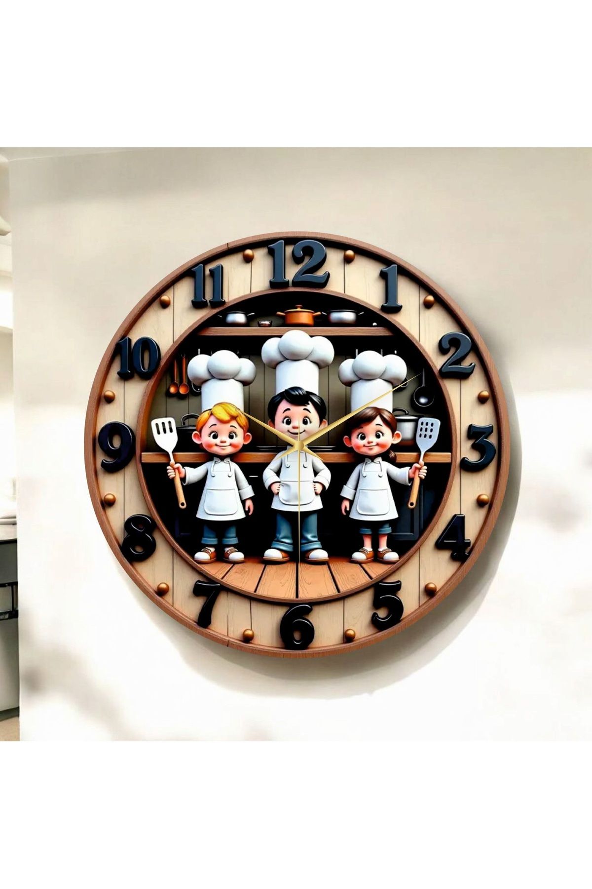 AA Shop Çocuk Aşçılar Kabartma Görünümlü Renkli Baskı Desenli Sayılı Hediyelik Ahşap Sessiz Duvar Saati 50cm