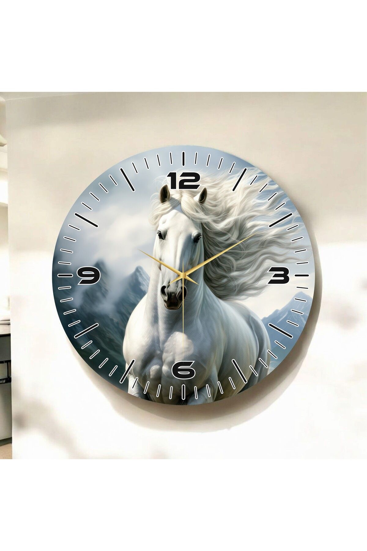 AA Shop Beyaz At Renkli Baskı Hayvan Desenli Sayılı Hediyelik Ahşap Sessiz Duvar Saati 50cm