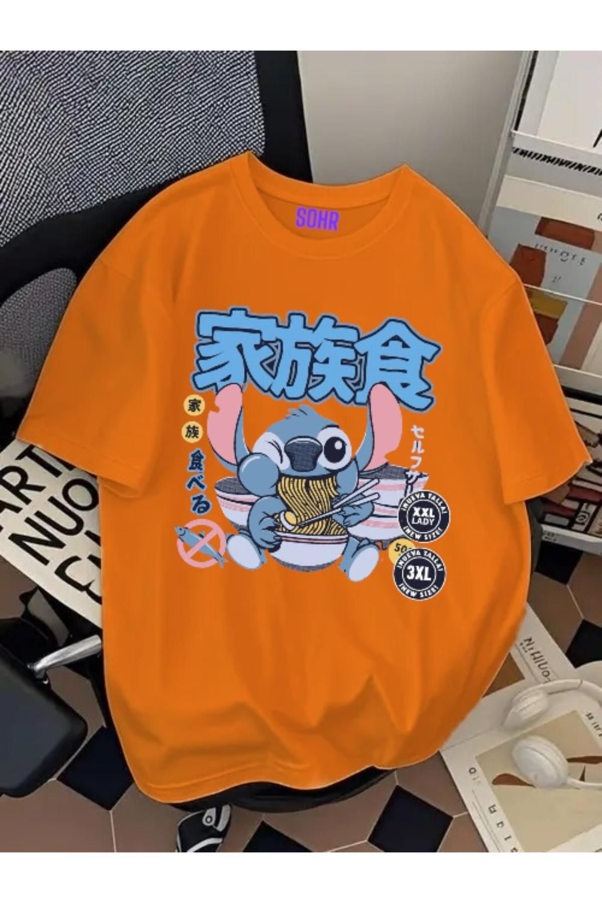 SOHR Unisex Erkek/Kadın Stitch Ramen Renkli Baskılı Oversize Pamuklu T-Shirt