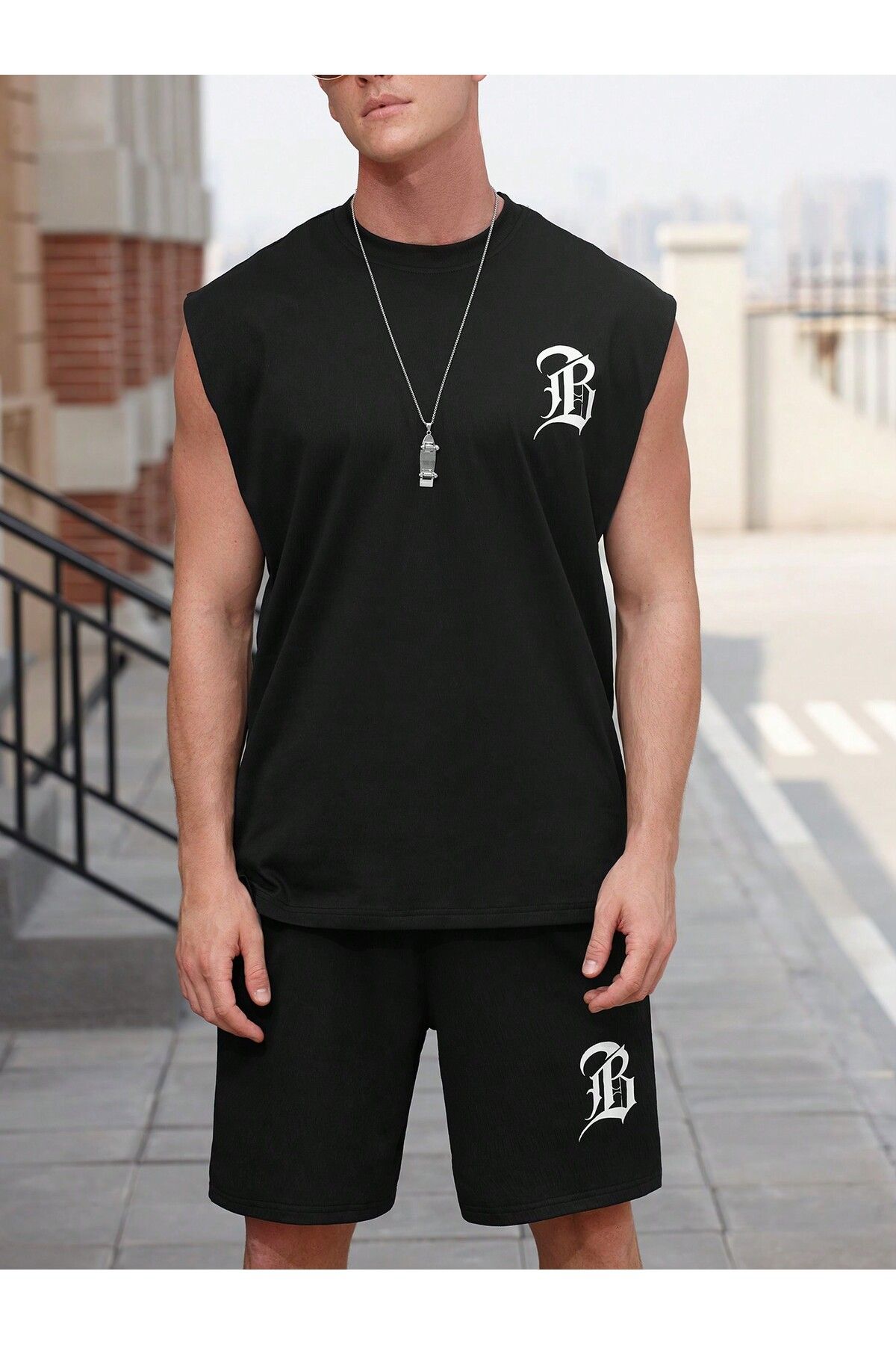 LUNAVISTA Men's Summer Letter Print T-Shirt and Shorts Set