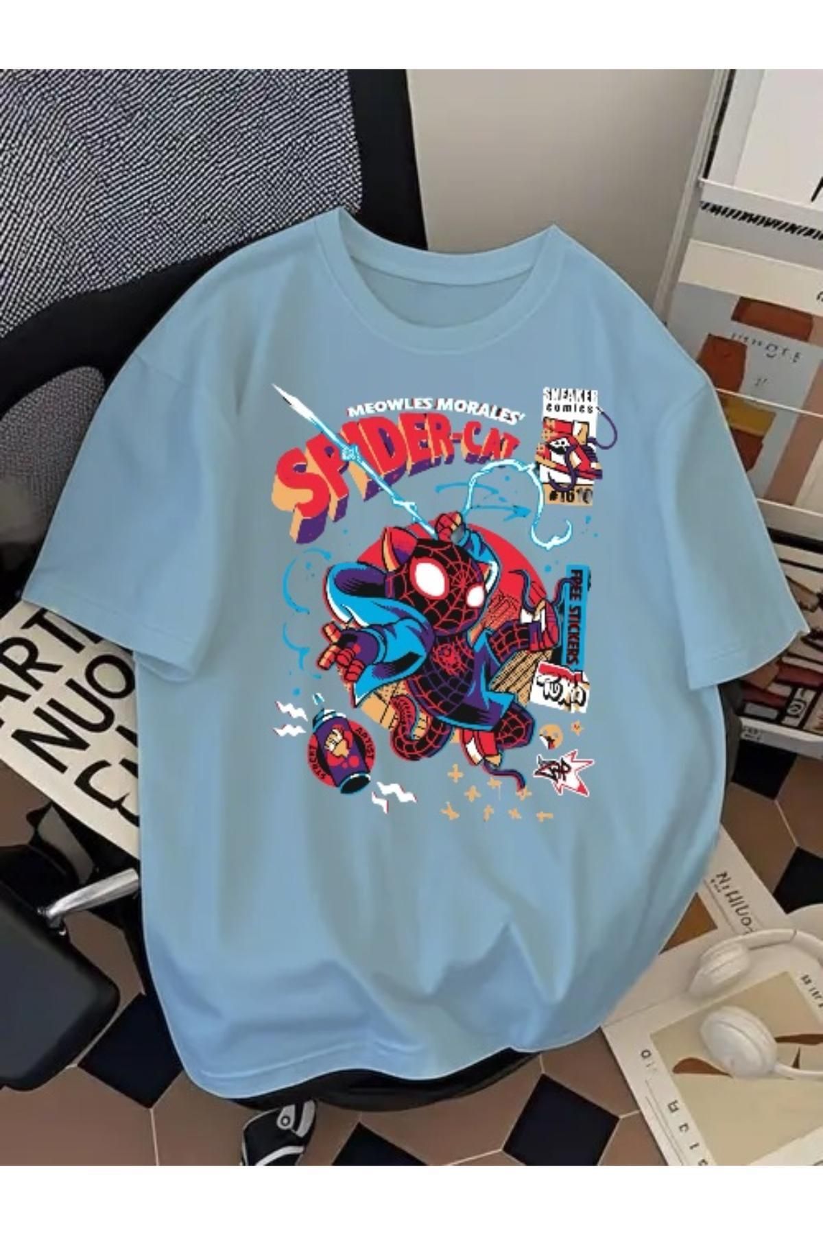SOHR Unisex Erkek/Kadın Spider Cat Renkli Baskılı Oversize Pamuklu T-Shirt