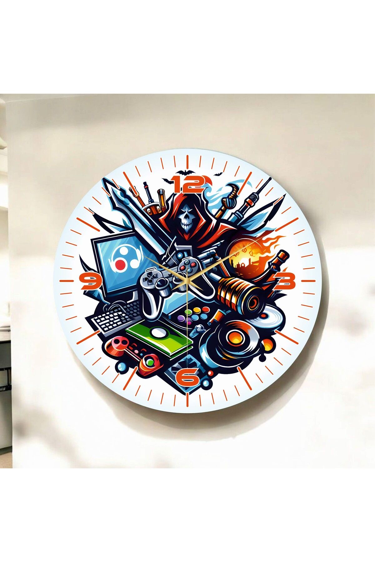 AA Shop Gamer Tasarımlı Renkli Baskı Desenli Sayılı Hediyelik Ahşap Sessiz Duvar Saati 50cm