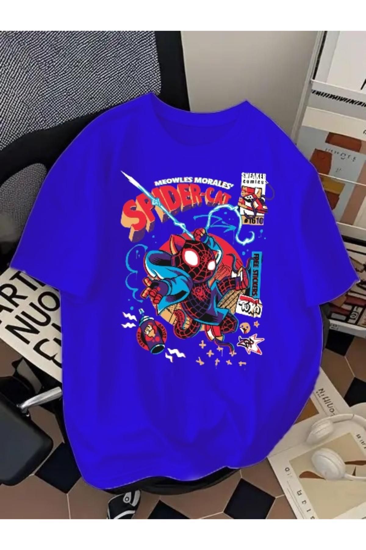 SOHR Unisex Erkek/Kadın Spider Cat Renkli Baskılı Oversize Pamuklu T-Shirt