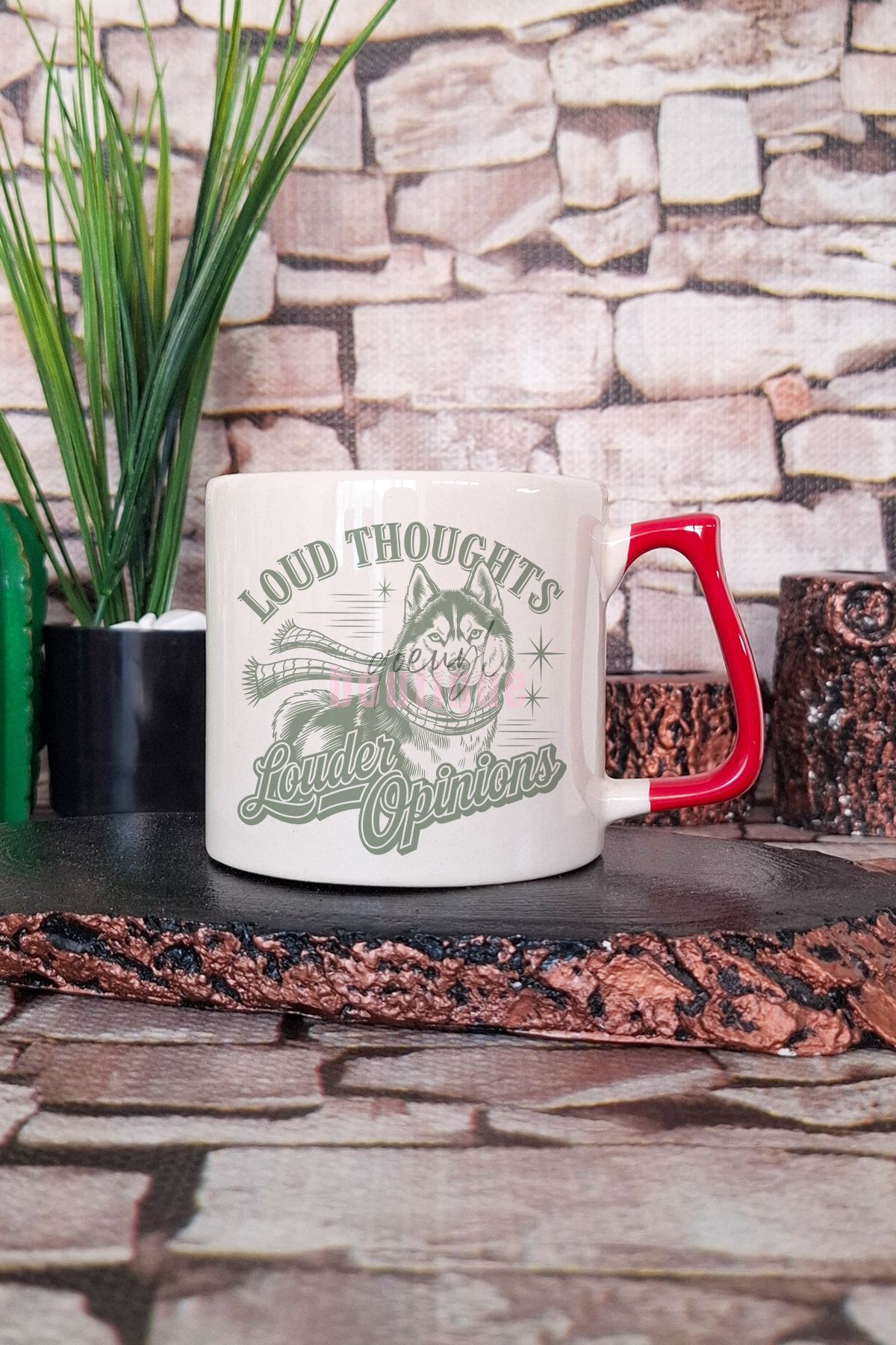 qoeuyl boutique Loud Thoughts Louder Opinions Yazılı Komik Köpek Kişiliği Hediyelik Kulplu Kupa Bardak