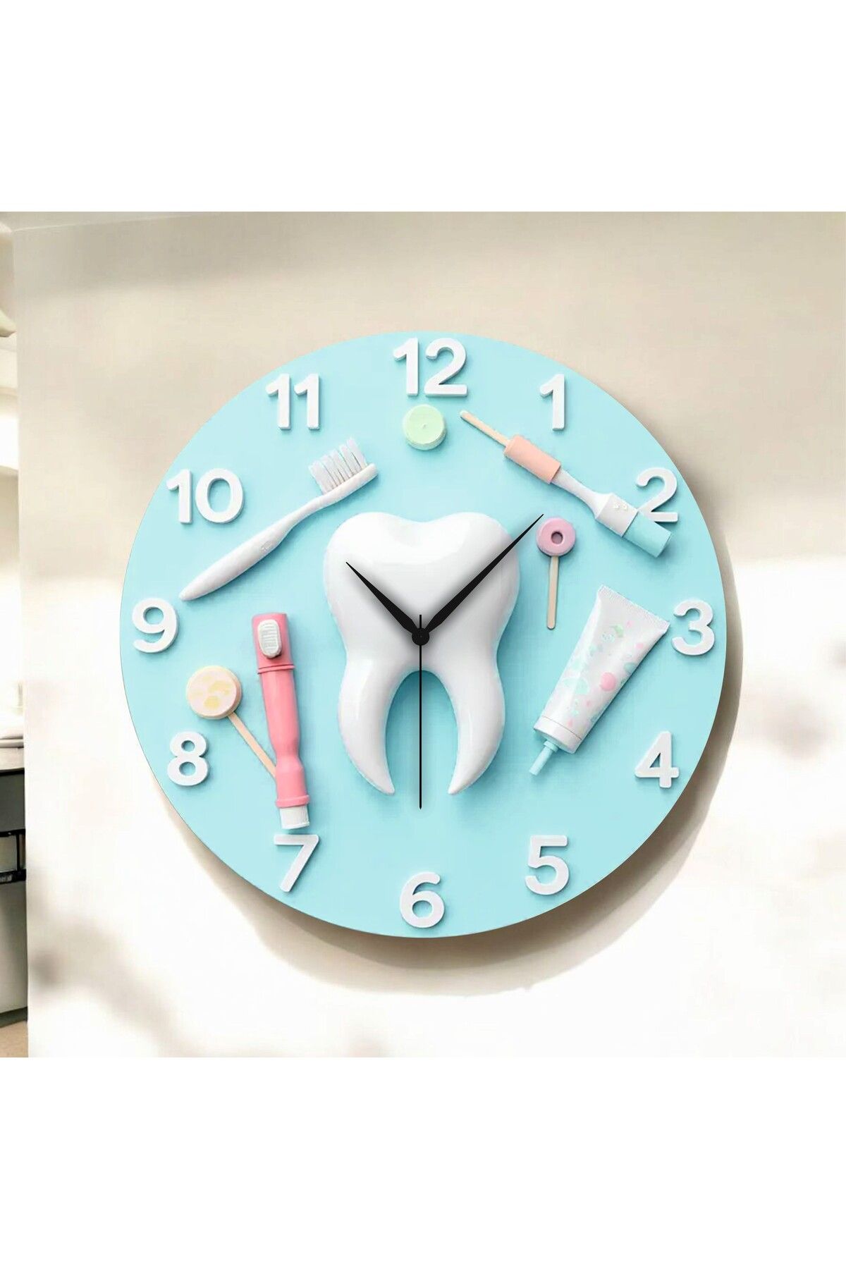 AA Shop Diş Tasarımlı Kabartma Görünümlü Renkli Baskı Desenli Sayılı Hediyelik Ahşap Sessiz Duvar Saati 50cm