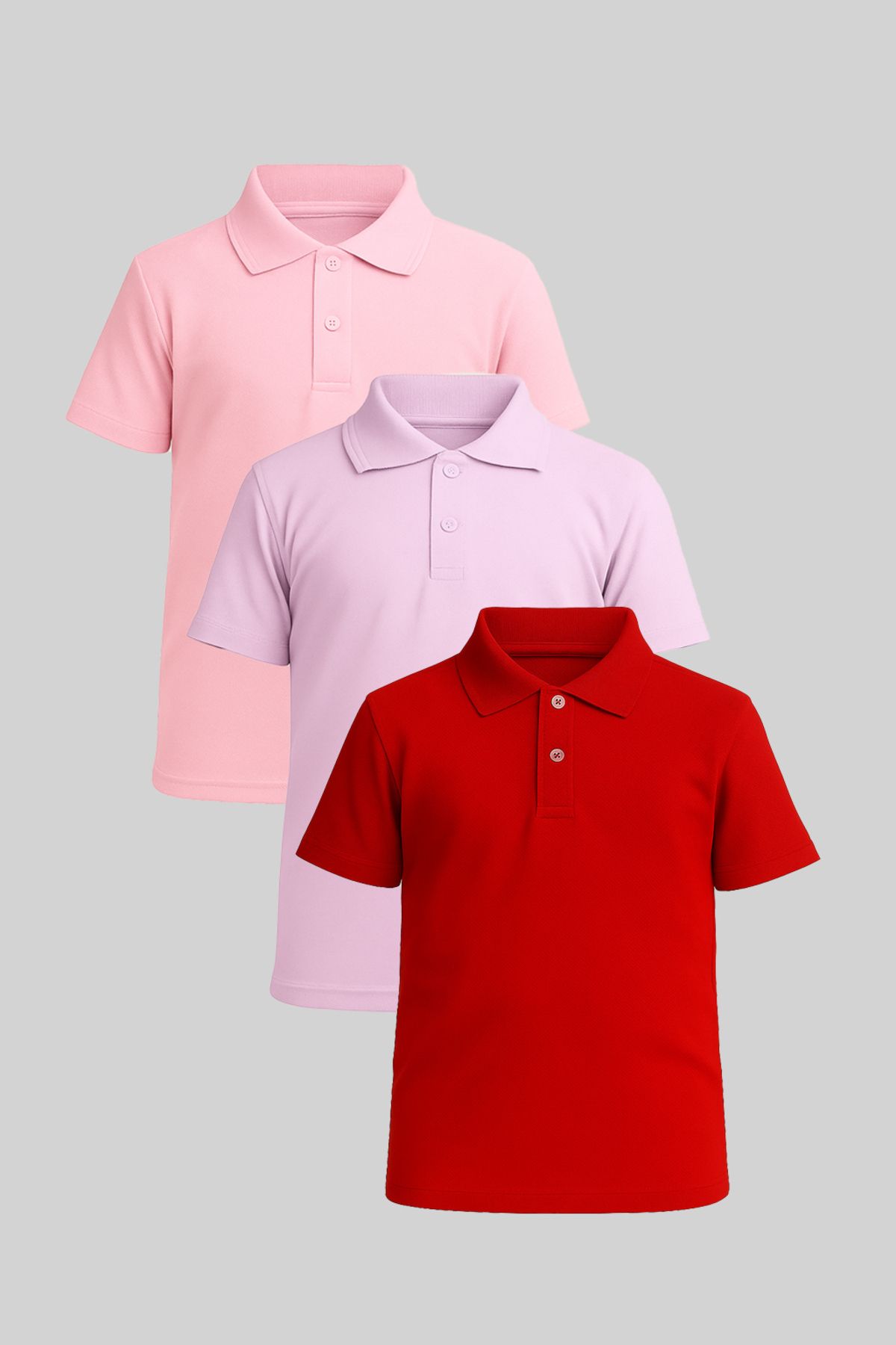 FATELLA Çocuk Kısa Kollu Polo Yaka Tişört 3lü Set Kırmızı Lila Pembe