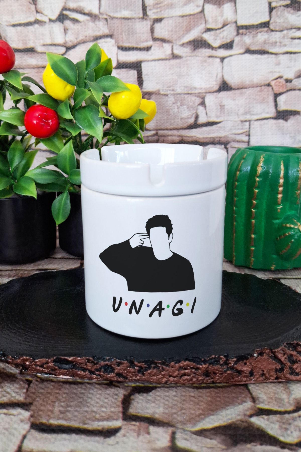 qoeuyl boutique Unagi Ross Friends Baskılı Seramik Kapaklı Kokusuz Küllük