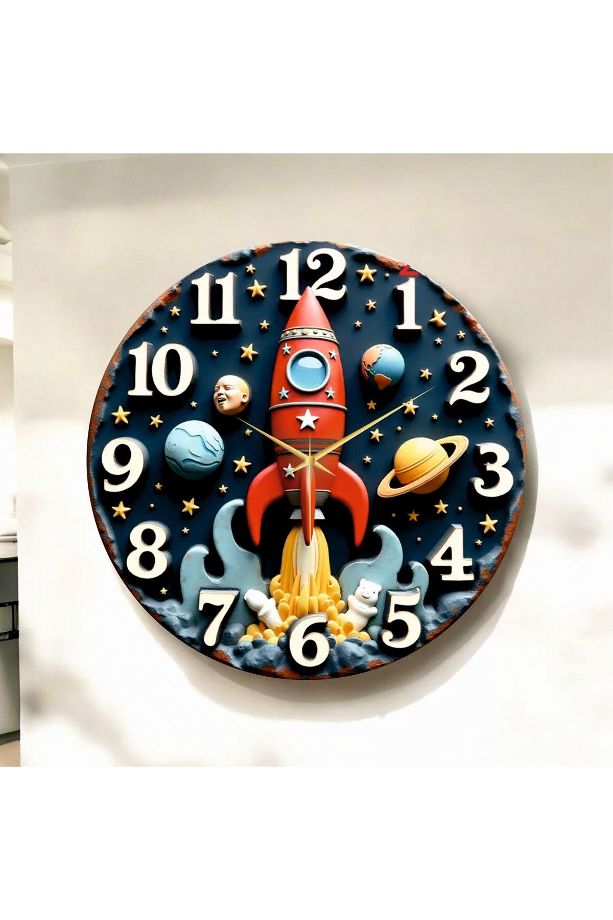 AA Shop Uzay Roketi Kabartma Görünümlü Renkli Baskı Desenli Sayılı Hediyelik Ahşap Sessiz Duvar Saati 50cm
