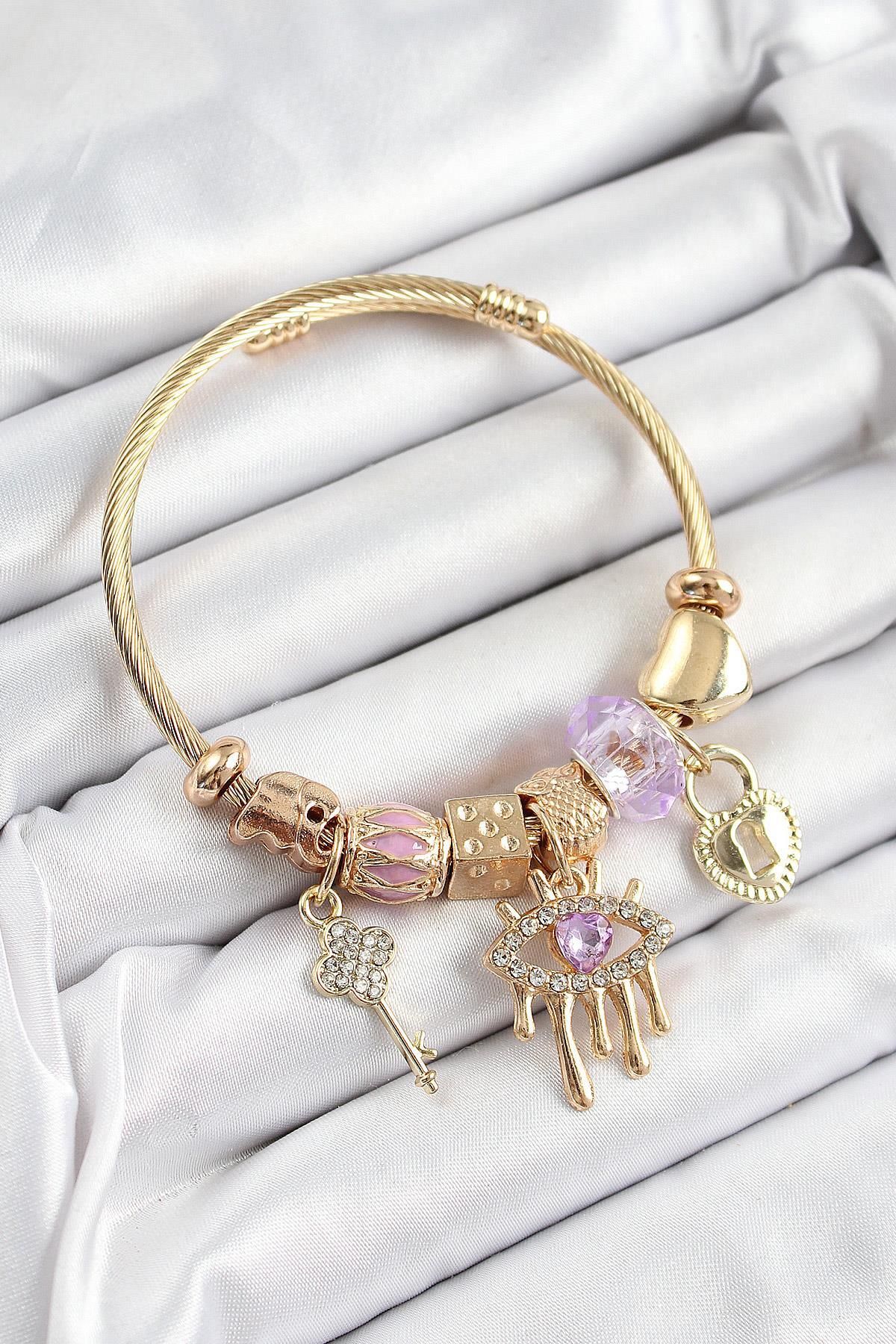 Celira Çelik Mor Zirkon Taşlı Kilit Göz Ve Anahtar Model Gold Renk Charm Bileklik