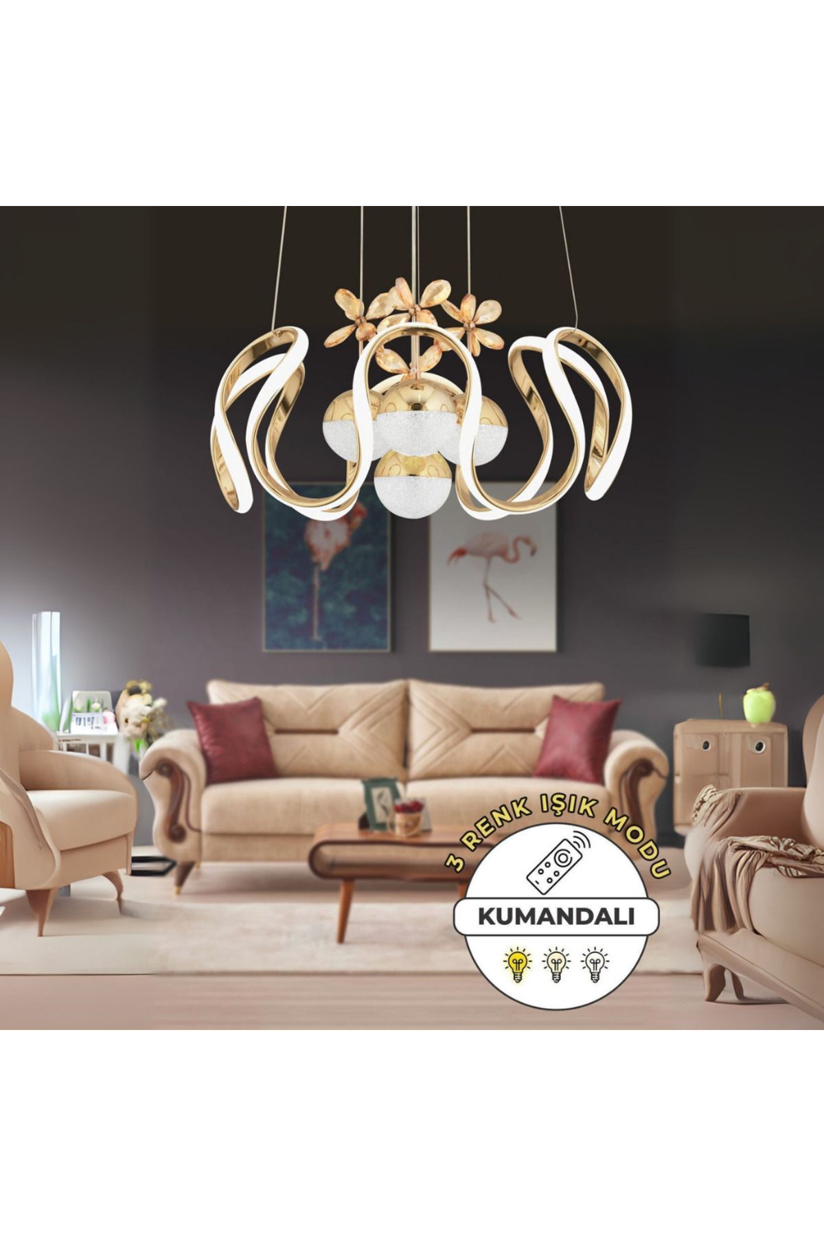 neeko NOVA 3 Renk Kumandalı LED Sarkıt Avize – Modern Gold Kaplama, Dimmer & Ayarlanabilir Uzunluk