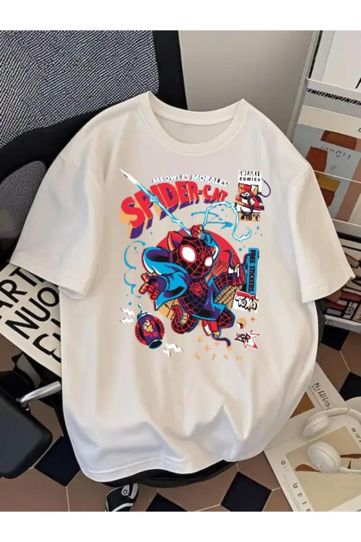 SOHR Unisex Erkek/Kadın Spider Cat Renkli Baskılı Oversize Pamuklu T-Shirt