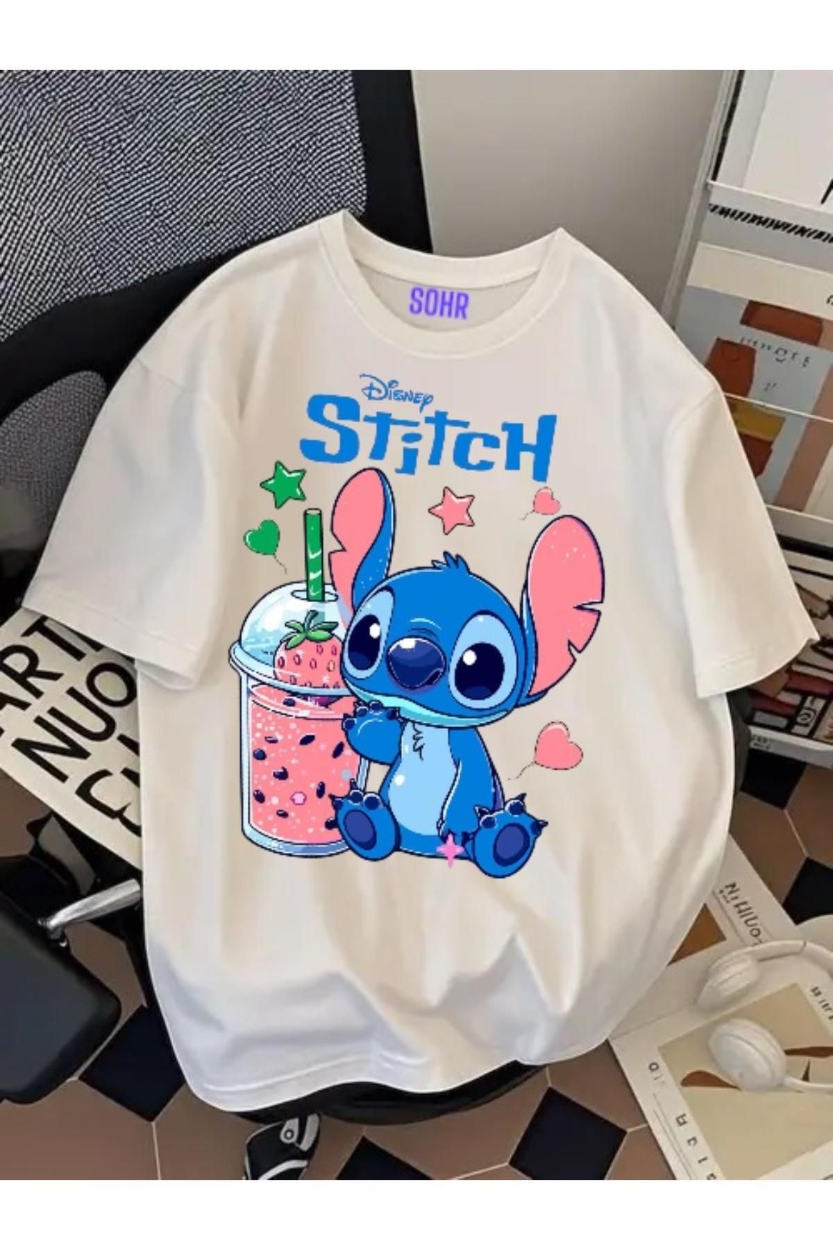 SOHR Unisex Erkek/Kadın Stitch Renkli Baskılı Oversize Pamuklu T-Shirt