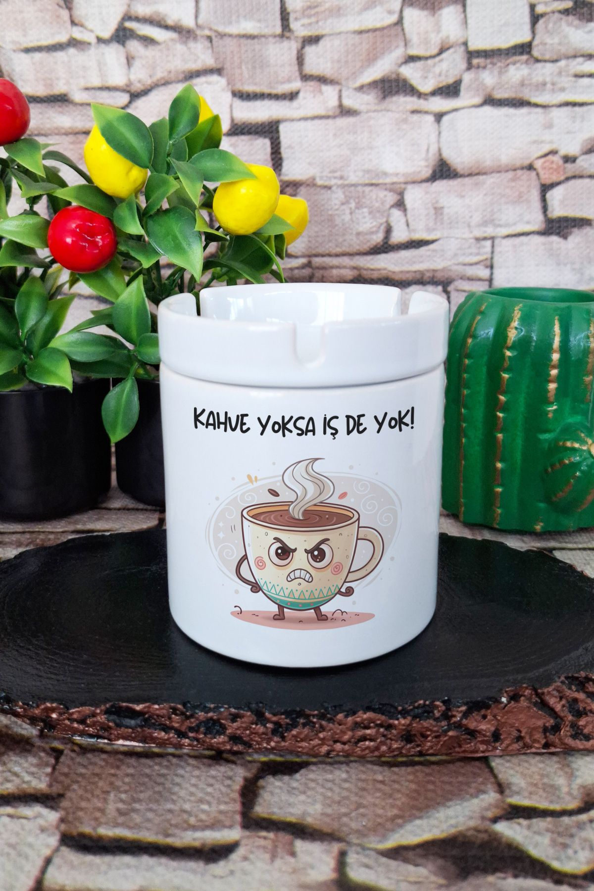 qoeuyl boutique Kahve Yoksa İş De Yok Eğlenceli Komik Hediyelik Baskılı Seramik Kapaklı Kokusuz Küllük