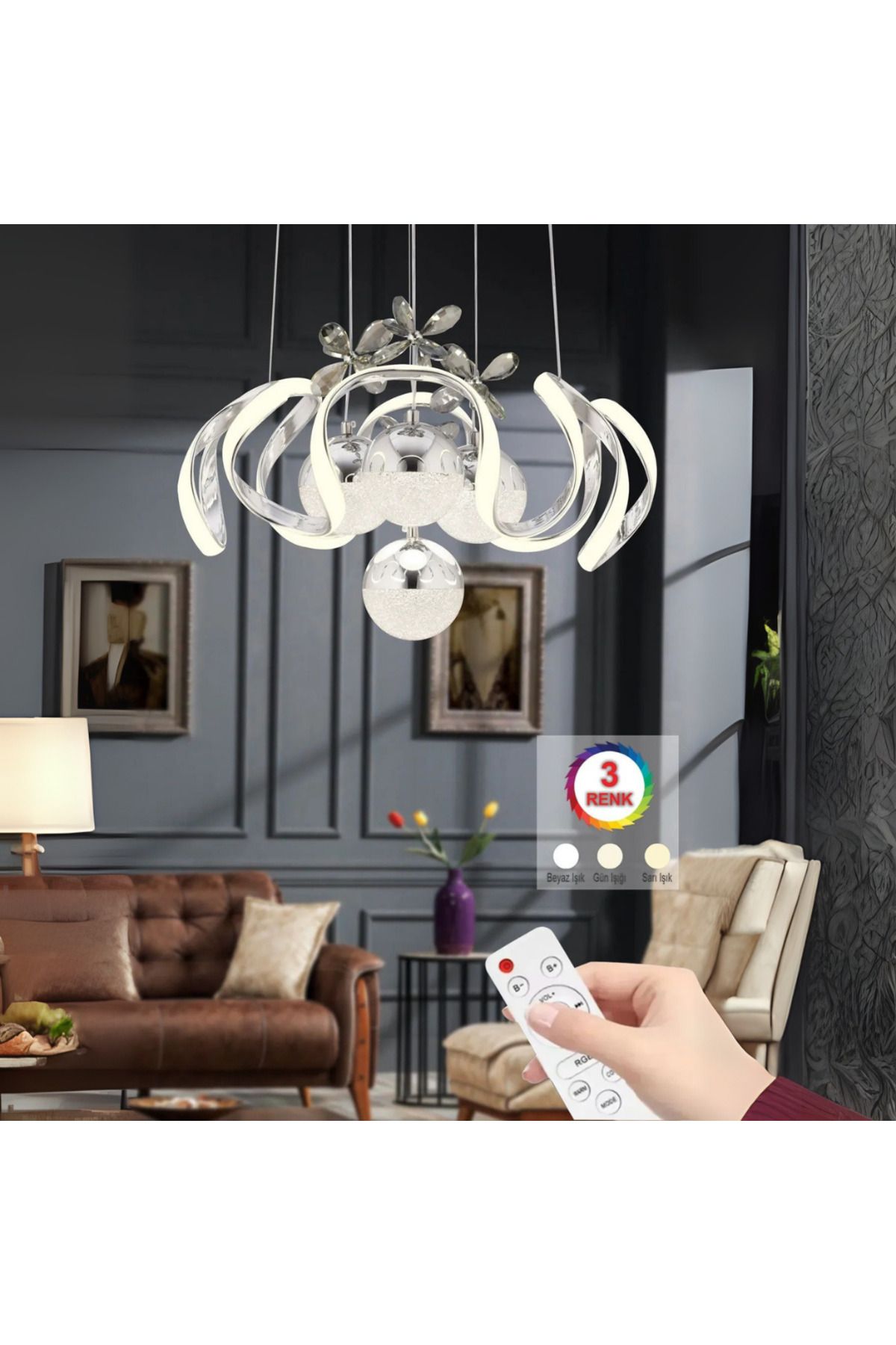 neeko NOVA 3 Renk Kumandalı LED Sarkıt Avize – Modern Krom Kaplama, Dimmer & Ayarlanabilir Uzunluk